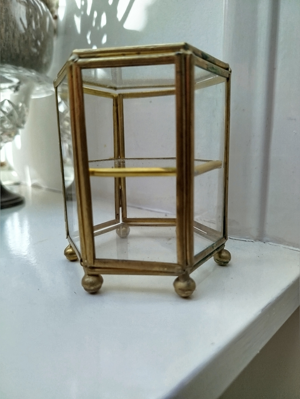 Hexagonal Glass Jewelry Display Case in Brass